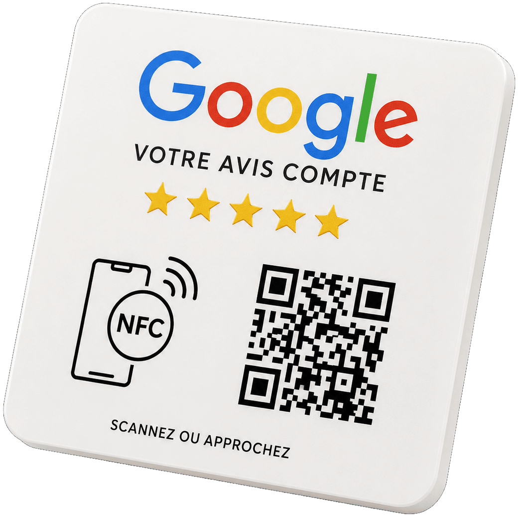 Plaquette NFC avis Google à poser sur le comptoir, avec QR code et zone NFC